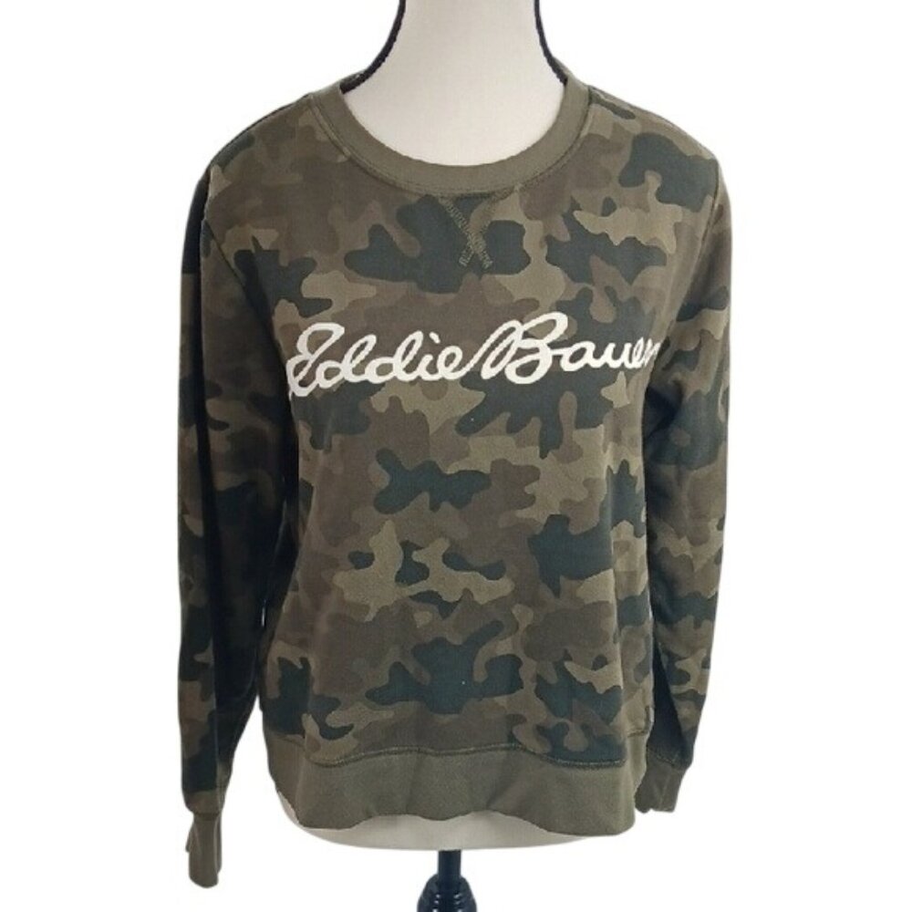 Eddie Bauer Sweatshirt Womens Size S Green Camouflage Crew Neck Casual
